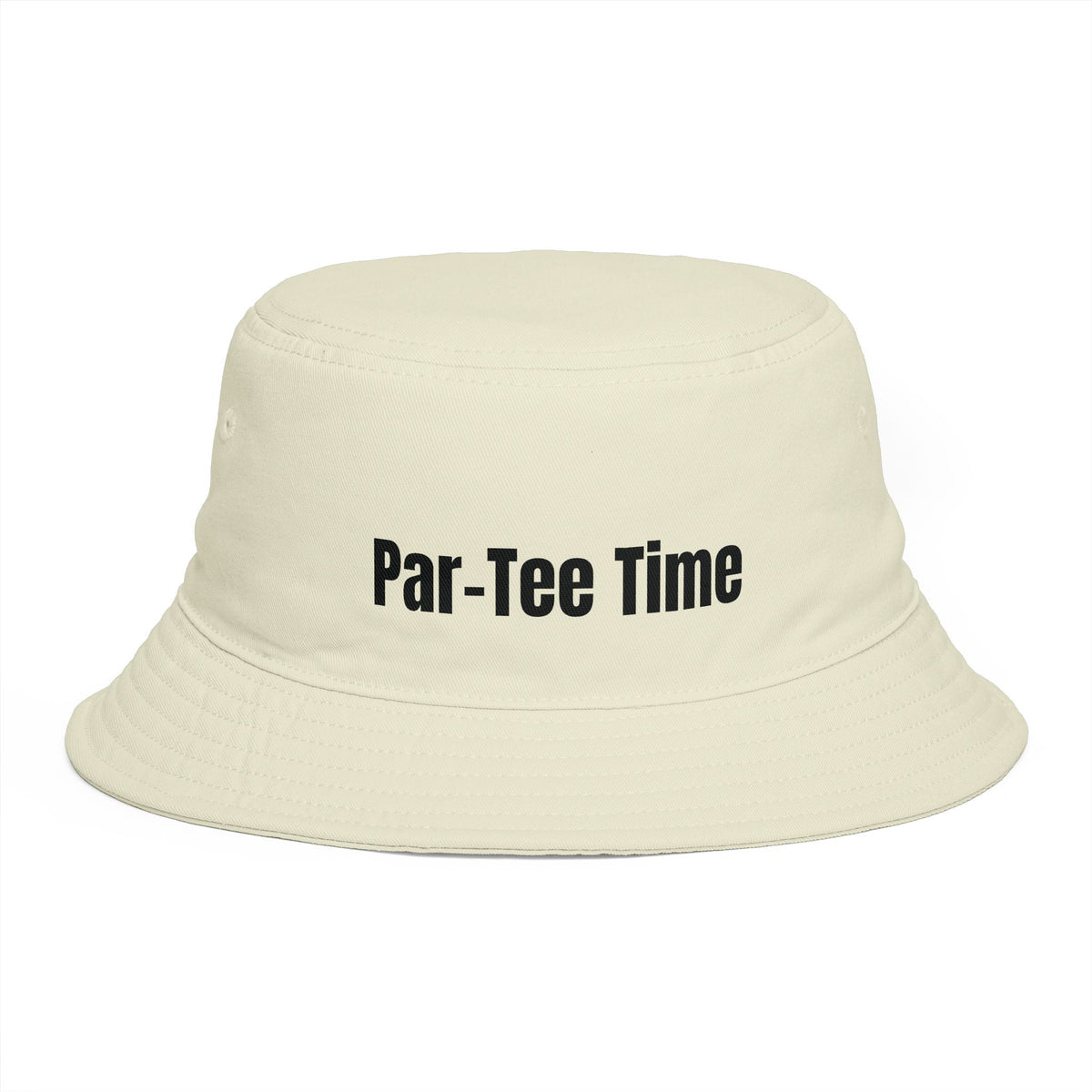 An off-white bucket hat with the text 'Par-Tee Time' printed in black across the front, displayed against a solid white background.