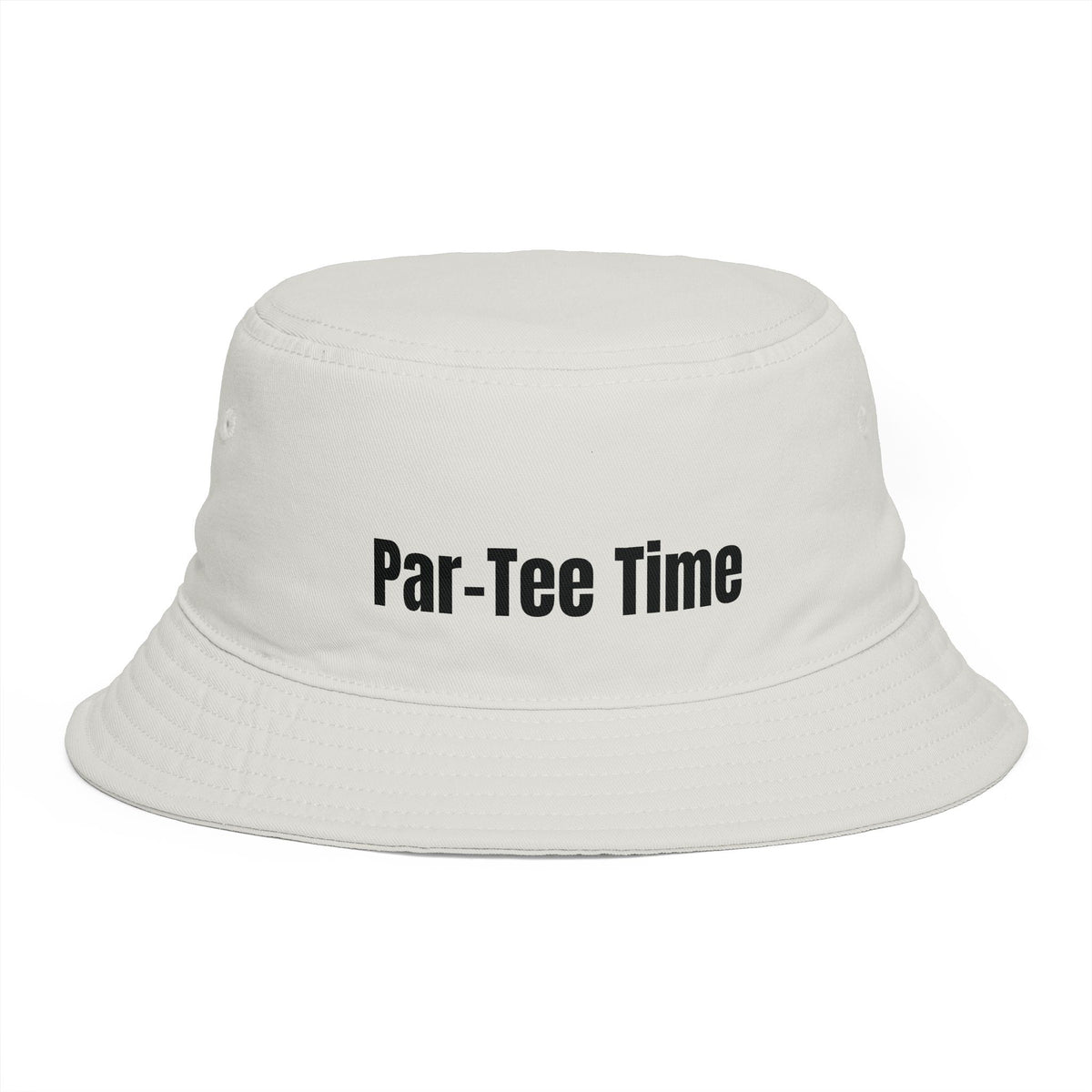 A white bucket hat with the text 'Par-Tee Time' printed in black across the front, shown against a plain white background.