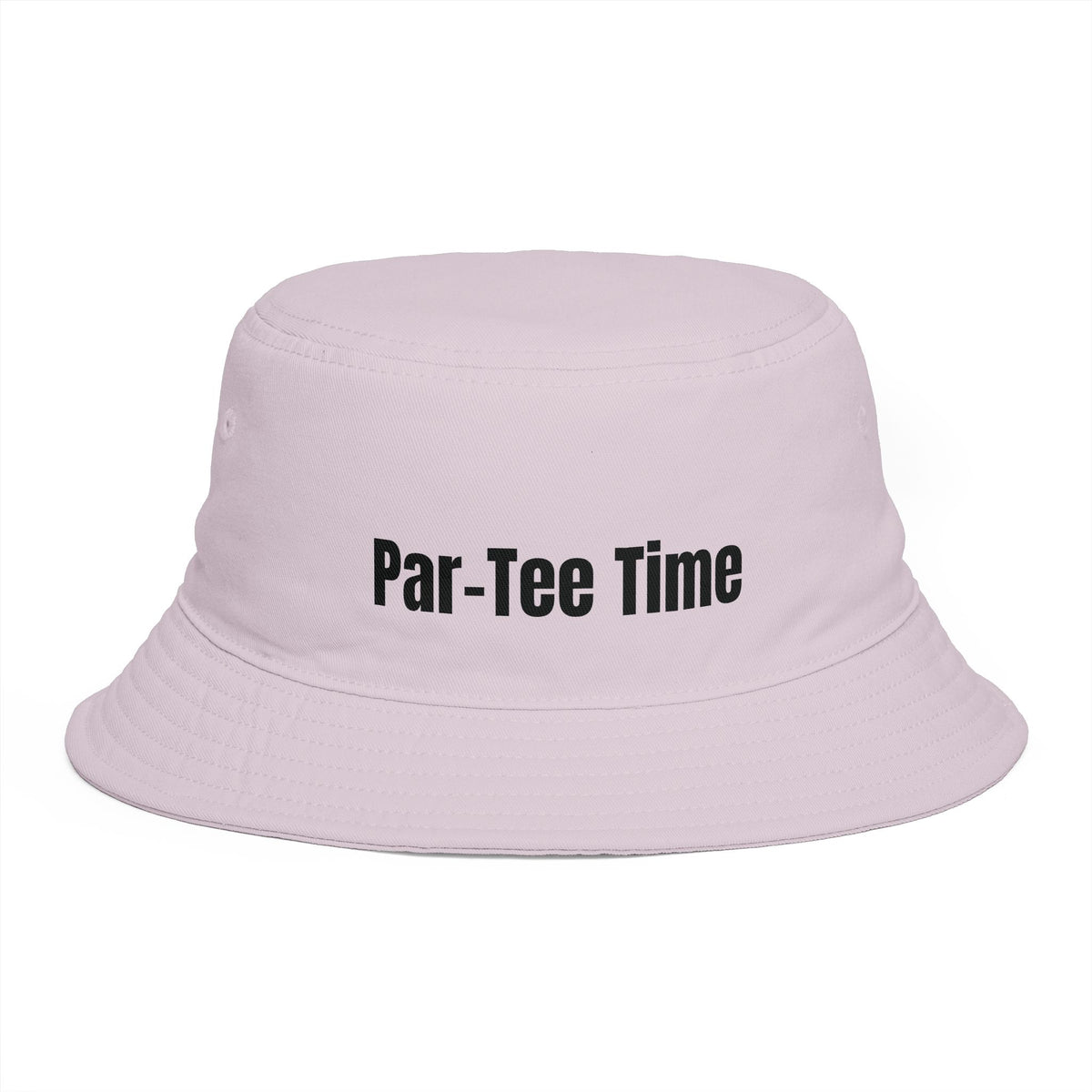 A light pink bucket hat with the text 'Par-Tee Time' printed in black across the front, shown against a plain white background.